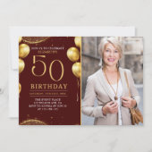 Elegant Gold Glitter Birthday 50th With Photo Einladung (Vorderseite)