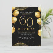 Elegant Gold Glitter Birthday 60th with Balloons Einladung (Stehend Vorderseite)