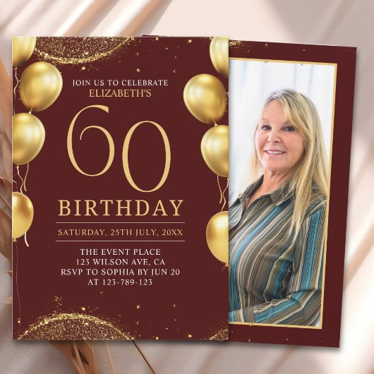 Elegant Gold Glitter Birthday 60th with Balloons Einladung