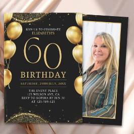 Elegant Gold Glitter Birthday 60th with Balloons Einladung