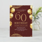 Elegant Gold Glitter Birthday 60th with Balloons Einladung (Stehend Vorderseite)