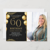 Elegant Gold Glitter Birthday 60th With Photo Einladung (Vorderseite)