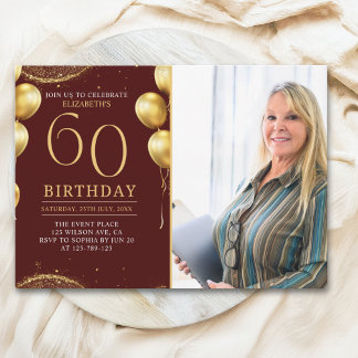 Elegant Gold Glitter Birthday 60th With Photo Einladung