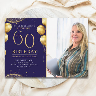 Elegant Gold Glitter Birthday 60th With Photo Einladung