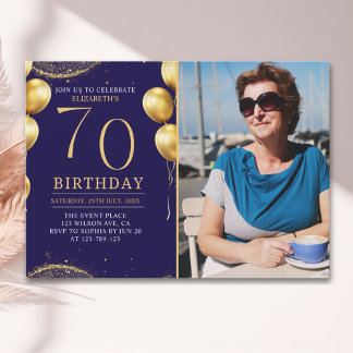 Elegant Gold Glitter Birthday 70th With Photo Einladung