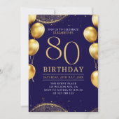  Elegant Gold Glitter Birthday 80th with Ballons Einladung (Vorderseite)