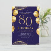  Elegant Gold Glitter Birthday 80th with Ballons Einladung (Stehend Vorderseite)