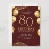 Elegant Gold Glitter Birthday 80th with Ballons Einladung (Vorderseite)