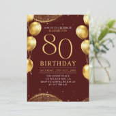 Elegant Gold Glitter Birthday 80th with Ballons Einladung (Stehend Vorderseite)