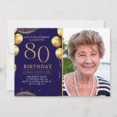 Elegant Gold Glitter Birthday 80th With Photo Einladung (Vorderseite)
