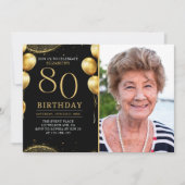 Elegant Gold Glitter Birthday 80th With Photo Einladung (Vorderseite)