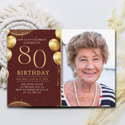 Elegant Gold Glitter Birthday 80th With Photo Einladung