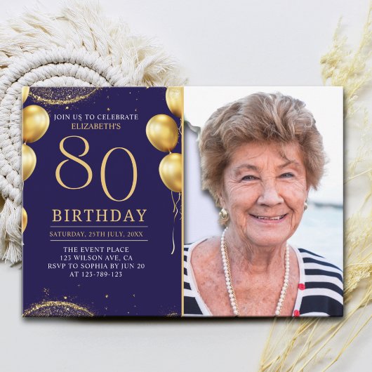 Elegant Gold Glitter Birthday 80th With Photo Einladung
