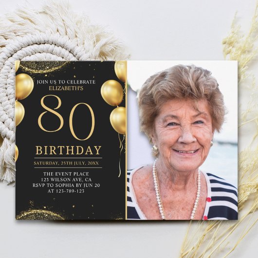 Elegant Gold Glitter Birthday 80th With Photo Einladung