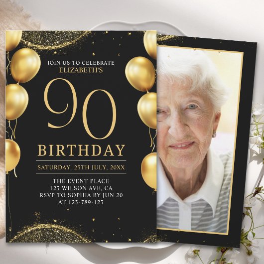  Elegant Gold Glitter Birthday 90th with Ballons Einladung
