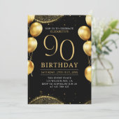  Elegant Gold Glitter Birthday 90th with Ballons Einladung (Stehend Vorderseite)