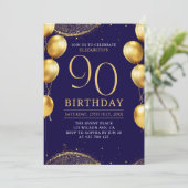  Elegant Gold Glitter Birthday 90th with Ballons Einladung (Stehend Vorderseite)