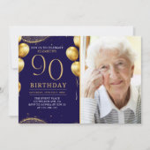 Elegant Gold Glitter Birthday 90th With Photo Einladung (Vorderseite)