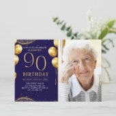 Elegant Gold Glitter Birthday 90th With Photo Einladung (Stehend Vorderseite)