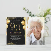 Elegant Gold Glitter Birthday 90th With Photo Einladung (Stehend Vorderseite)