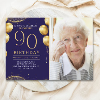 Elegant Gold Glitter Birthday 90th With Photo Einladung