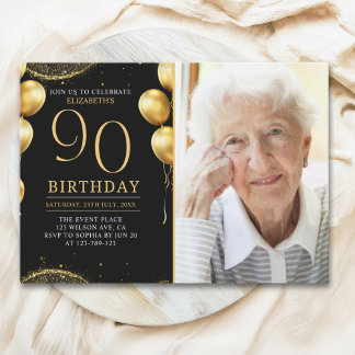 Elegant Gold Glitter Birthday 90th With Photo Einladung