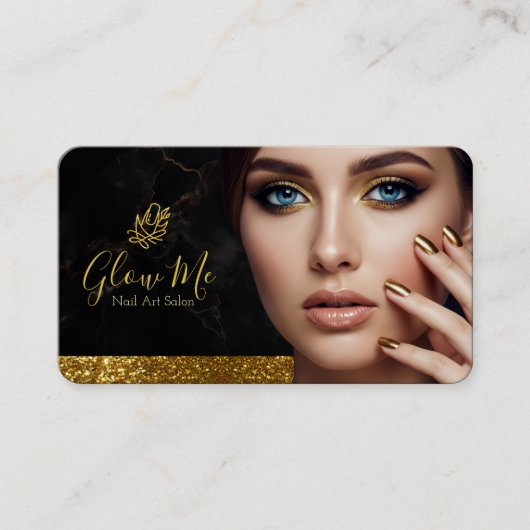 Elegant Gold Glitter & Black Marble Nail Art Salon Visitenkarte (Vorderseite)