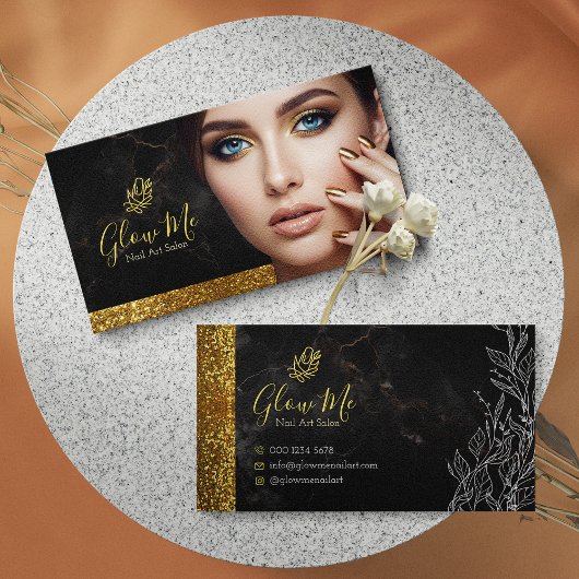 Elegant Gold Glitter & Black Marble Nail Art Salon Visitenkarte