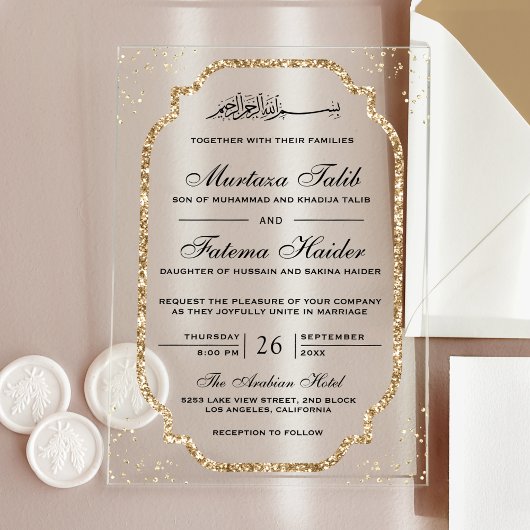 Elegant Gold Glitter Border Muslim Wedding Acryleinladungen