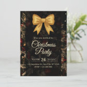 Elegant Gold Glitter Bow Dark Christmas Party Einladung (Stehend Vorderseite)