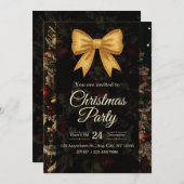 Elegant Gold Glitter Bow Dark Christmas Party Einladung (Vorne/Hinten)