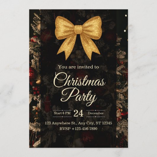 Elegant Gold Glitter Bow Dark Christmas Party Einladung (Vorderseite)