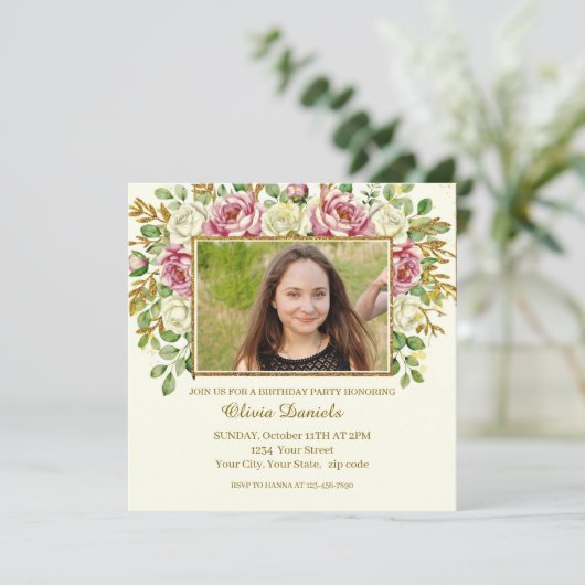 Elegant Gold Glitter Floral Frame Personalized (Stehend Vorderseite)