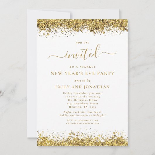 Elegant Gold Glitter Script New Years Eve Party Einladung (Vorderseite)