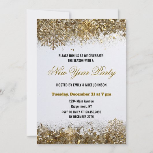 Elegant Gold Glitter Snowflake New Year Party Einladung (Vorderseite)