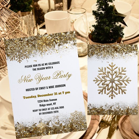 Elegant Gold Glitter Snowflake New Year Party Einladung