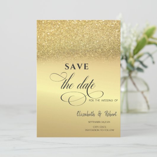 Elegant Gold Glitzer Bokeh Wedding speichern das D Save The Date (Stehend Vorderseite)