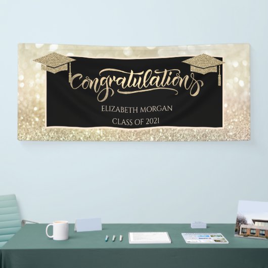 Elegant Gold Glitzer Grad Cap Bokeh Banner (Messe)