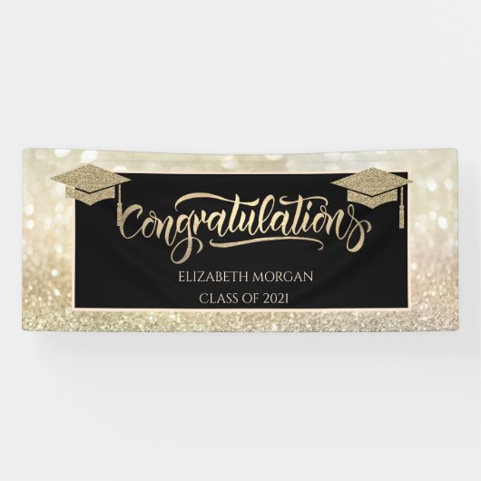 Elegant Gold Glitzer Grad Cap Bokeh Banner (Horizontal)