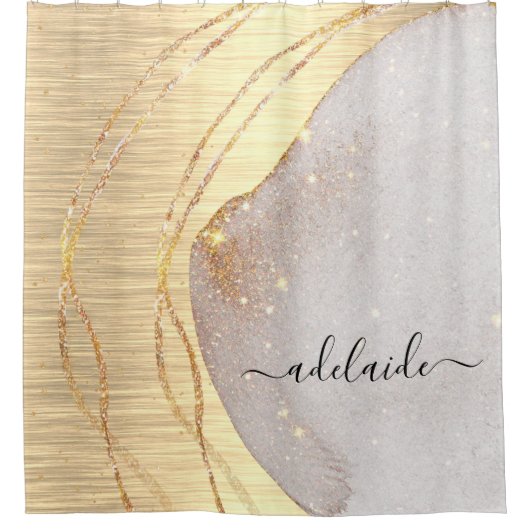 Elegant Gold Glitzer Monogram Name Script Metallic Duschvorhang (Vorderseite)