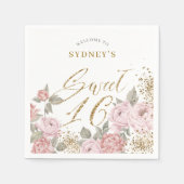 Elegant Gold Glitzer Peony Florals Sweet 16 Gefall Serviette (Vorderseite)