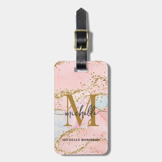Elegant Gold Glitzer Pink Agate Monogram Initial Gepäckanhänger (Vorderseite vertikal)