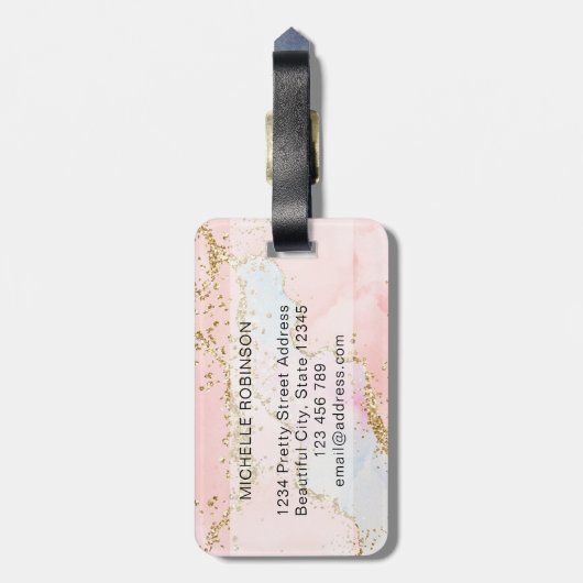 Elegant Gold Glitzer Pink Agate Monogram Initial Gepäckanhänger (Rückseite vertikal)