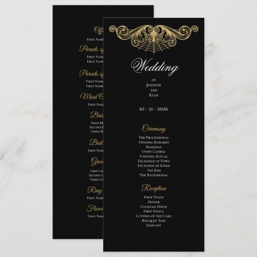 Elegant gold Gothic Wedding Program Menükarte (Vorne/Hinten)