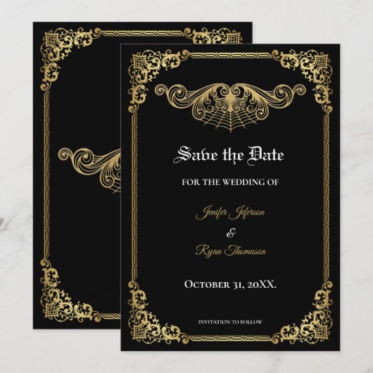 Elegant gold Gothic wedding save the date Ankündigung (Vorne/Hinten)