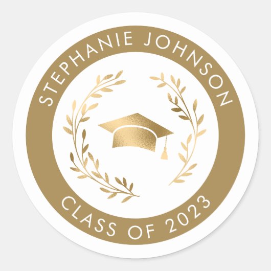 Elegant Gold Grad Cap and Wreath Class 2023 Runder Aufkleber (Vorderseite)