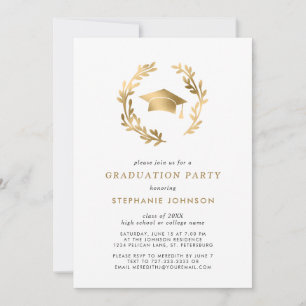 Elegant Gold Grad Cap and Wreath Graduation Party Einladung
