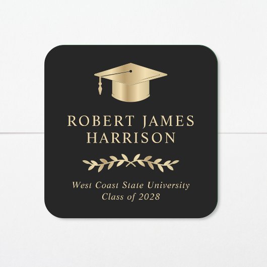 Elegant Gold Grad Cap Black Abschluss Quadratischer Aufkleber