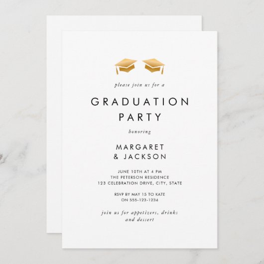 Elegant Gold Grad Cap Joint Graduation Party Einladung (Vorne/Hinten)