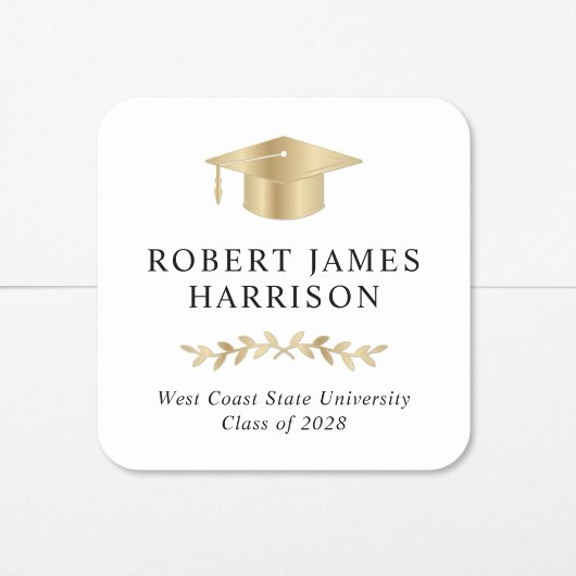 Elegant Gold Grad Cap White Abschluss Quadratischer Aufkleber